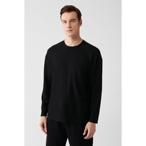 Avva Men's Black Oversize No-iron Jacquard Long Sleeved T-shirt with Pocket