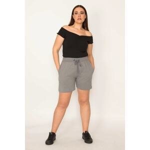 Şans Women's Plus Size Gray Cotton Fabric Shorts With Elastic Waist And Lace-Up Eyelets With Side Pockets