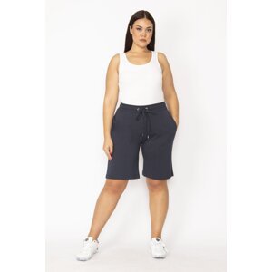 Şans Women's Plus Size Navy Blue Cotton Shorts With Elastic Waist And Eyelets, Lace-Up