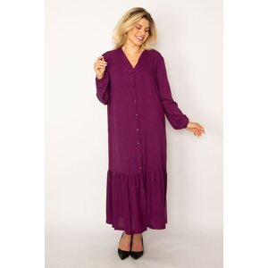 Şans Women's Plum Weave Viscose Fabric Front Length Buttoned Hem Long Sleeve Dress