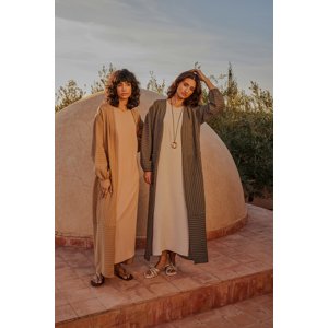 Trendyol Khaki Long Linen Look Striped Woven Cap & Ferace & Abaya