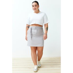 Trendyol Curve Gray High Waist Double Tie Detailed Woven Skirt