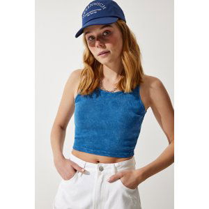 Happiness İstanbul Women's Blue Barter Neck Washed Crop Knitted Blouse