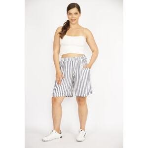 Şans Women's Indigo Large Size Striped Linen Woven Fabric Shorts with Elastic Waist Pockets