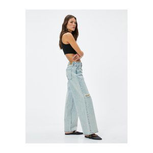 Koton Straight Wide Leg Low Waist Denim Trousers Frayed Pocket Cotton - Loose Straight Jeans