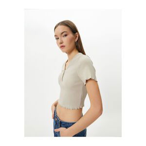 Koton V-Neck Crop T-Shirt Ribbed Short Sleeve Button Detailed