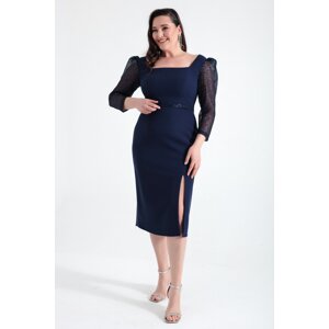 Lafaba Women's Navy Blue Square Neck Belted Midi Plus Size Evening Dress