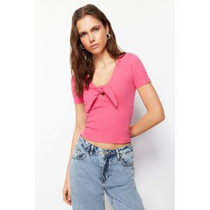 Trendyol Fuchsia Short Sleeve Tie Detailed Sweetheart Neckline Ribbed Stretchy Knitted Blouse