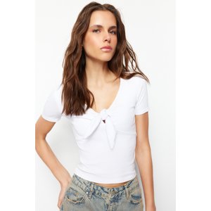 Trendyol White Short Sleeve Tie Detailed Sweetheart Neckline Ribbed Stretchy Knitted Blouse