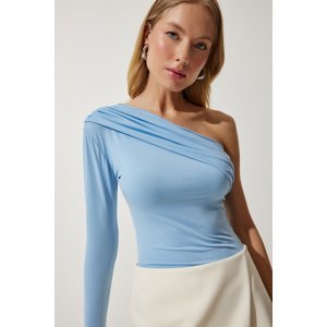 Happiness İstanbul Women's Sky Blue One-Shoulder Gathered Detailed Knitted Blouse