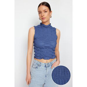 Trendyol Indigo Premium High Neck Fitted Crop Textured Stretch Knitted Blouse