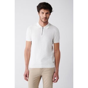 Avva Men's White Polo Neck Jacquard Ribbed Standard Fit Regular Cut Knitwear T-shirt