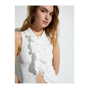 Koton Ruffled Scalloped Undershirt Pearl Button Polo Neck Sleeveless