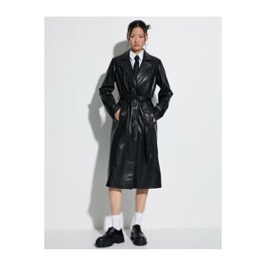Koton Faux Leather Trench Coat Buttoned Waist Belted Pocket
