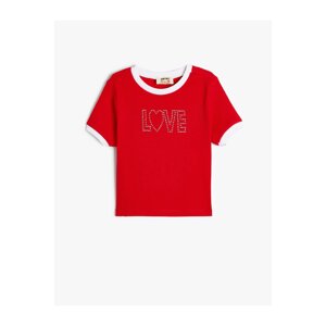 Koton Crop T-Shirt Short Sleeve Crew Neck Sequin Slogan Printed Cotton