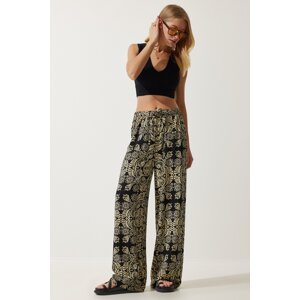 Happiness İstanbul Women's Black Beige Patterned Raw Linen Palazzo Trousers