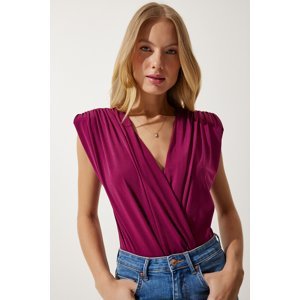 Happiness İstanbul Women's Damson Wrapover Neck Waistband Snap Button Knitted Blouse