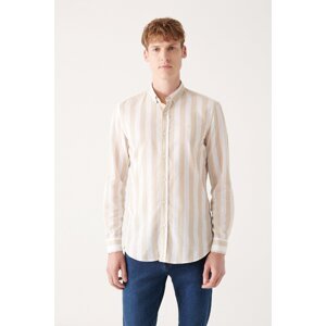 Avva Men's Beige Cotton Linen Buttoned Bottom Collar Striped Regular Fit Shirt
