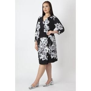 Şans Women's Large Size Black Covered Wrap Side Waist Tie Flower Patterned Dress