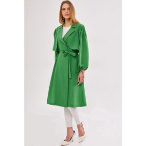 armonika Women's Green Ennea Trench Coat Sleeves Pleated Belted Cuff Laced Detail