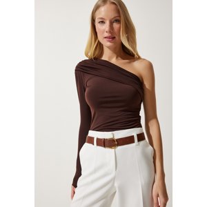 Happiness İstanbul Women's Brown One-Shoulder Gathered Detailed Knitted Blouse