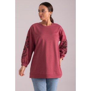 armonika Women's Dried Rose Round Neck Tunic with Embossed Sleeves