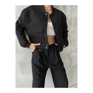 Laluvia Black Snap Button Detailed Two Pocket Lined Crop Bomber Jacket