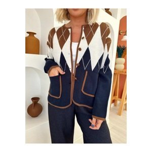 Laluvia Navy blue-tile diamond-patterned Cardigan with pockets