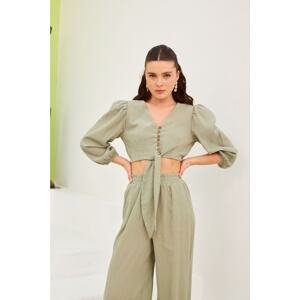 Laluvia Khaki Linen V-Neck Button and Tie Detailed Crop Blouse High Waist Button-Cuffed Trousers Set