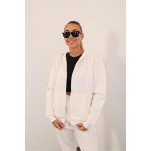 Laluvia White Hooded Zipper Sweatshirt