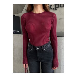 Laluvia Burgundy Crew Neck Sheer Tulle Knitted Blouse