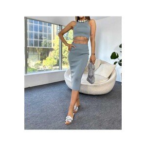 Laluvia Gray Crop Tie Detailed Blouse and Midi Skirt Set