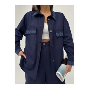 Laluvia Navy Blue 100% Cotton Embroidered Gabardine Shirt Jacket