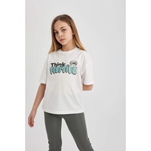 DEFACTO Girl Relax Fit Slogan Printed Short Sleeve T-Shirt