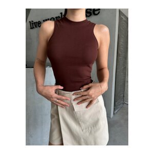 Laluvia Bitter Brown Barbell Neck Ribbed Undershirt