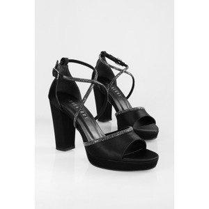 Shoeberry Women's Jayne Black Satin Stone Platform Heel Shoes
