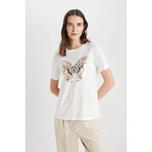 DEFACTO Regular Fit Crew Neck Butterfly Pattern Short Sleeve T-Shirt