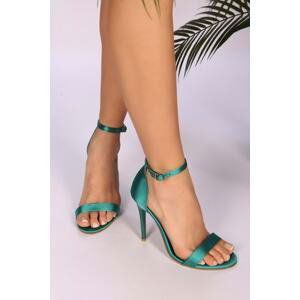 Shoeberry Women's Emerald Green Satin Single Strap Heeled Shoes.