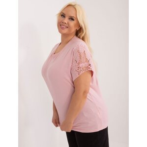Light pink plus size blouse with lace on the sleeves