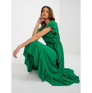 Dark green midi dress with ruffles on the sleeves