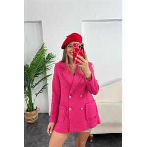 Laluvia Fuchsia Viscose Fabric Gold Buttoned Tweed Jacket