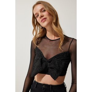 Happiness İstanbul Women's Black Bow Detailed Sheer Crop Blouse