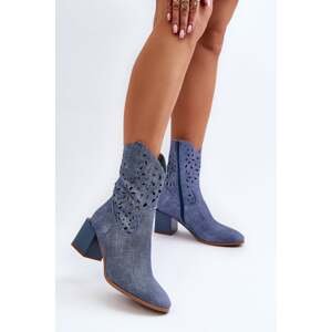 Blue Irvelame denim ankle boots with an openwork upper on the block