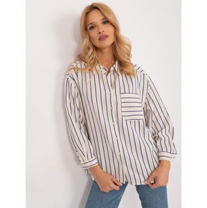 Cream and navy blue button-down oversize shirt with pocket