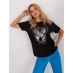 Black loose women's T-shirt with rhinestones