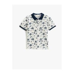 Koton Palm Print Polo Collar T-Shirt with Short Sleeves and Button Detail.