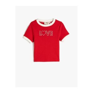 Koton Crop T-Shirt Short Sleeve Crew Neck Ribbed Embroidery Detailed