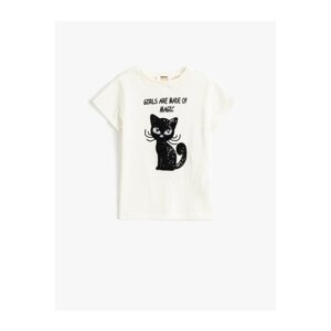 Koton T-shirt with Short Sleeves, Crew Neck Cat Sequins Embroidered.