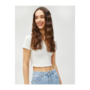 Koton Crop T-Shirt Polo Neck Short Sleeve Textured