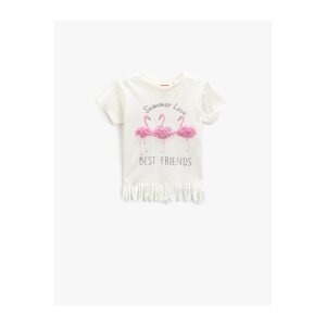 Koton Flamingo Appliques Detailed T-Shirt with Tassels Short Sleeves, Round Neck.